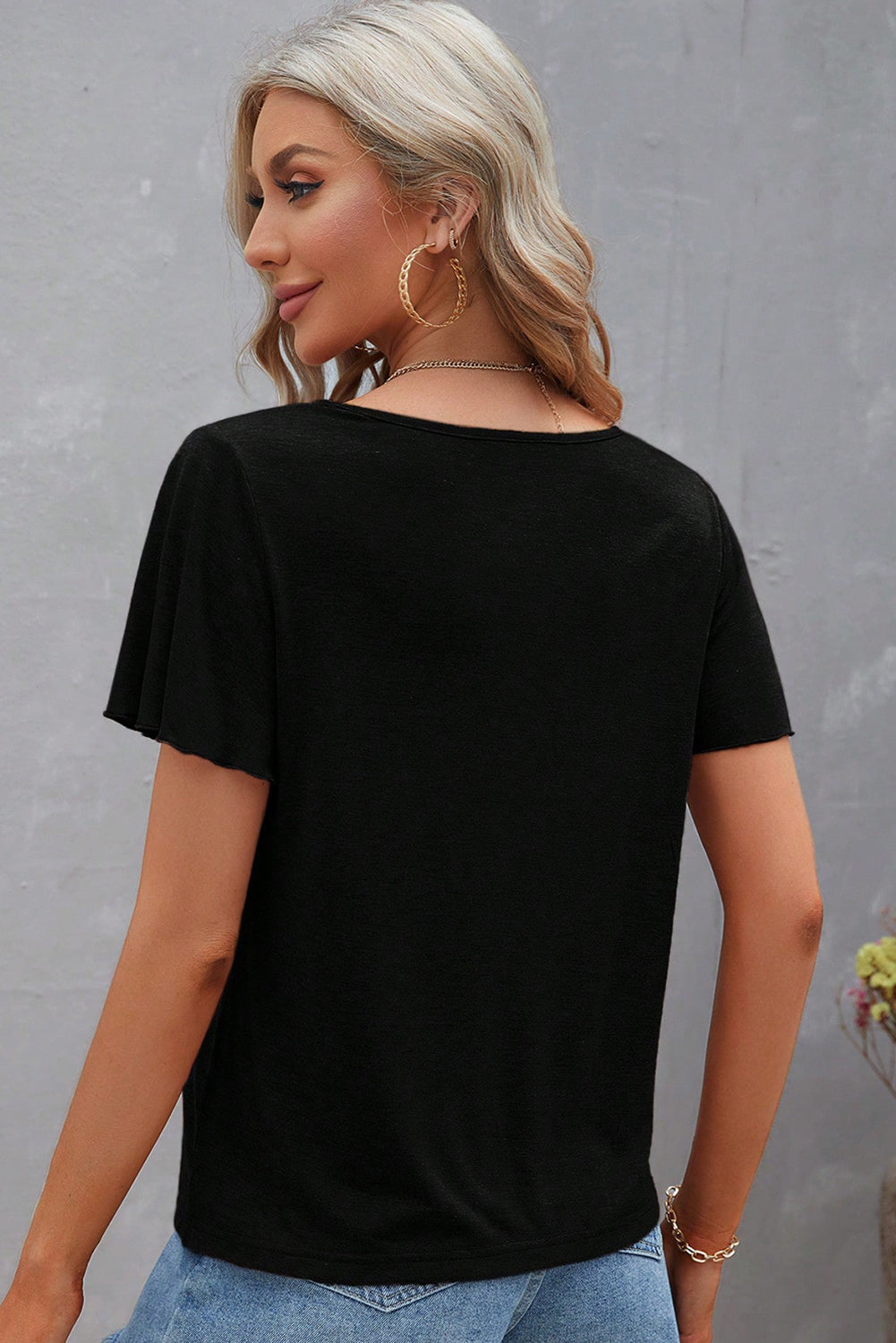 Black Crisscross V Neck Butterfly Sleeve T Shirt