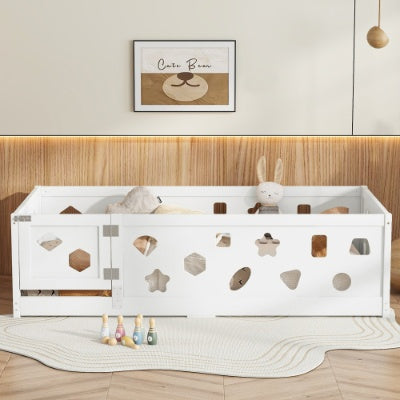 Twin Size Floor Bed With Heightened Safety Guardrails And Door, Solid Wood Bedframe With Rails For Girls, Boys, Teens, Child Bedroom, Kids Playroom, No Slats Included, White