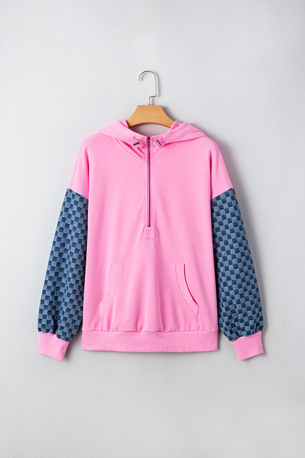 Bonbon Checkered Patchwork Kangaroo Pocket Half Zipper Hoodie
