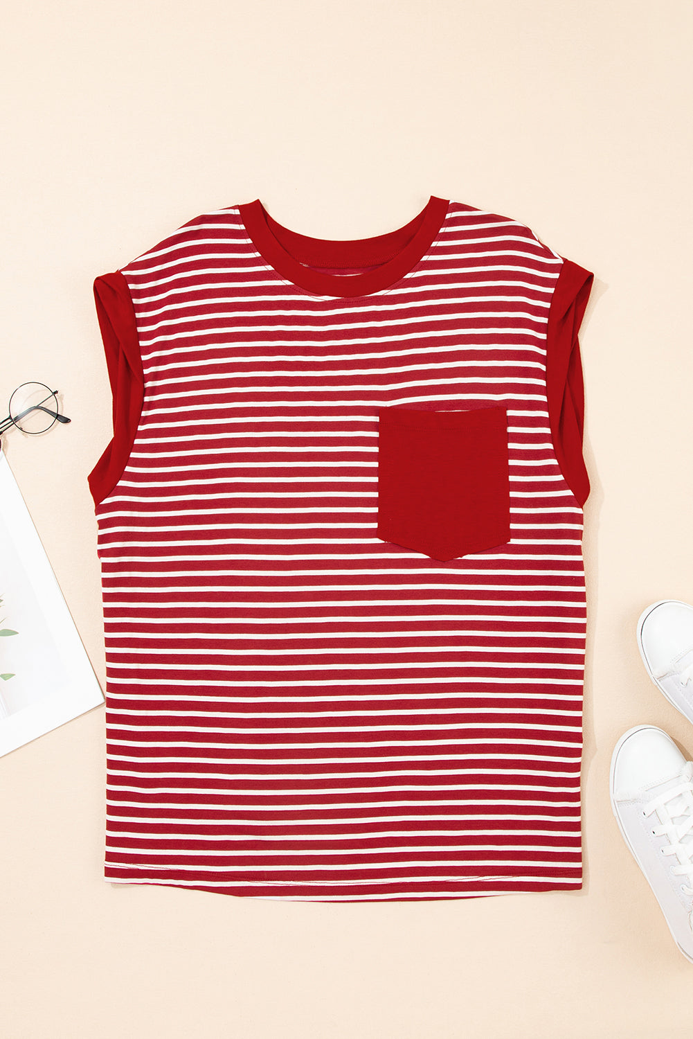 Black Stripe Chest Pocket Patch Round Neck Tank Top