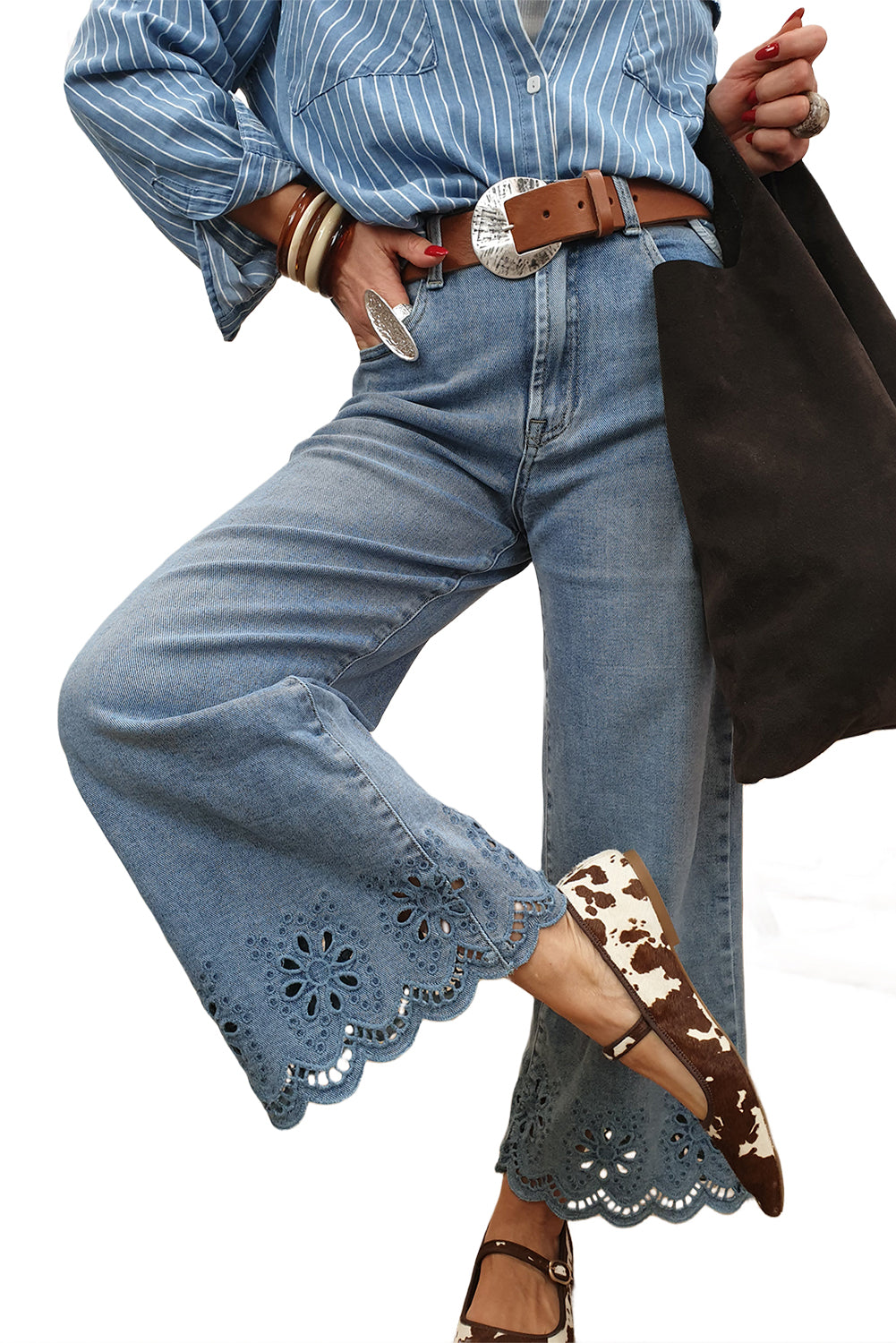 Dusk Blue Embroidered Cropped Wide Leg High Waist Jeans