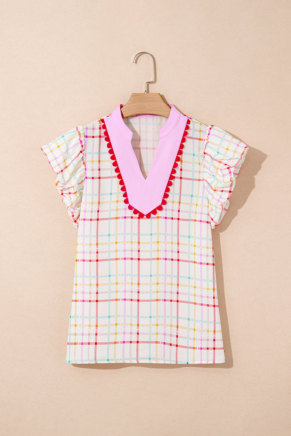 White Plaid Flutter Sleeve Colorblock Ric Rac Split V Neck Blouse