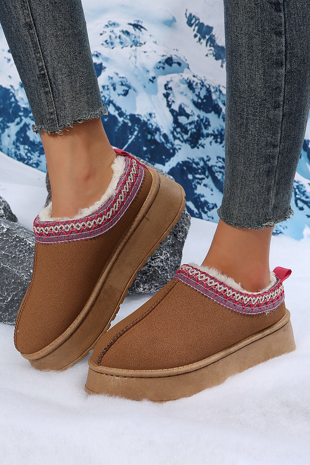Black Contrast Print Suede Plush Lined Snow Boots