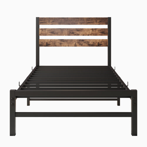 Twin Size Platform Bed Frame With Rustic Vintage Wood Headboard, Strong Metal Slats Support Mattress Foundation, No Box Spring Needed Rustic Brown