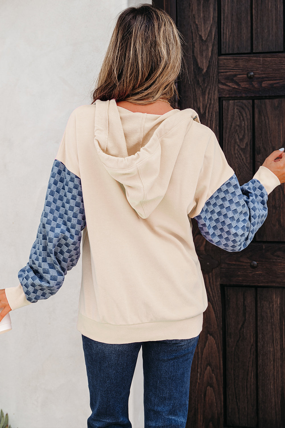 Bonbon Checkered Patchwork Kangaroo Pocket Half Zipper Hoodie