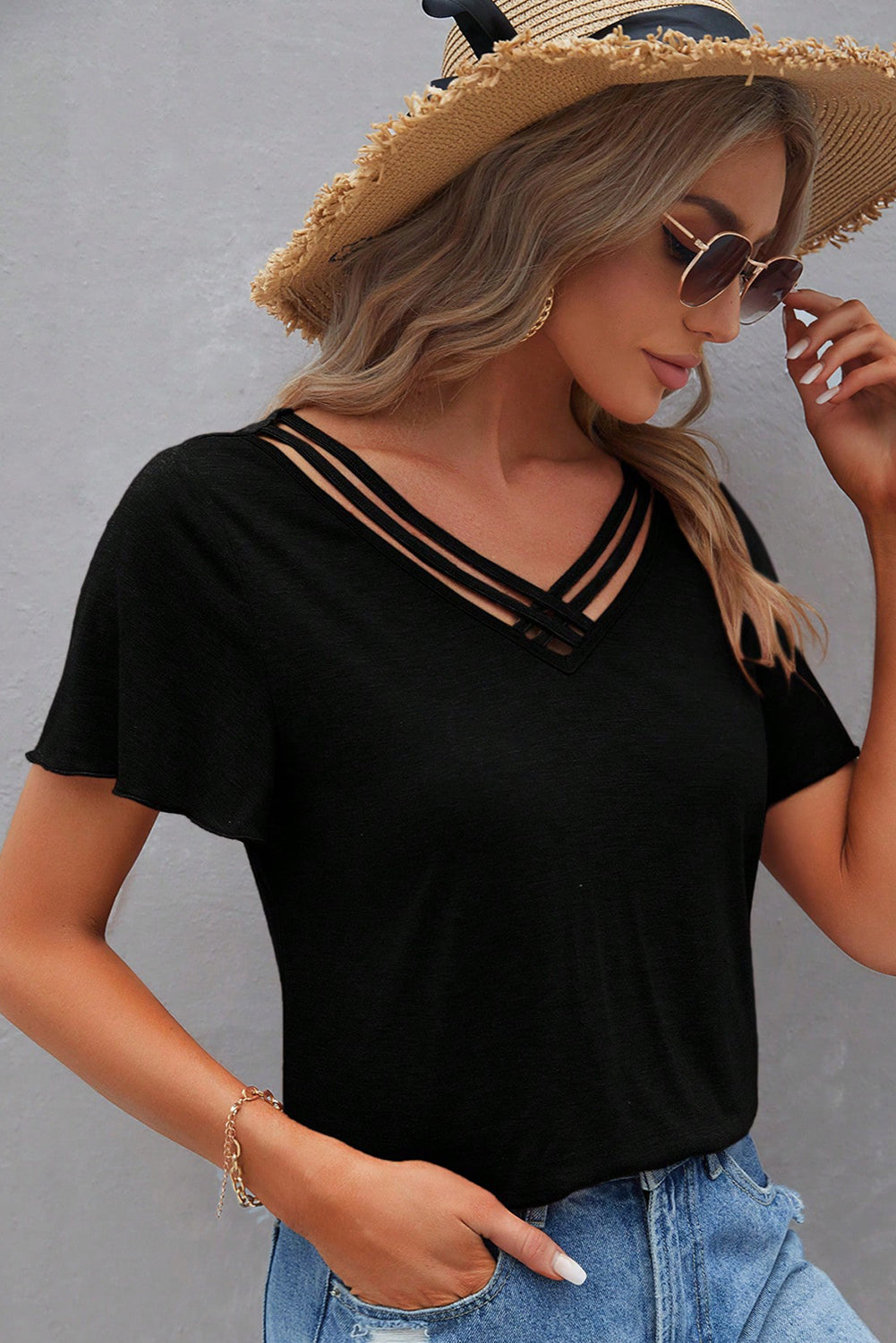 Black Crisscross V Neck Butterfly Sleeve T Shirt