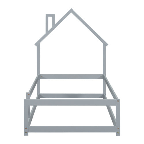 Twin Size Wood Bed With House-shaped Headboard Floor Bed With Fences,Grey