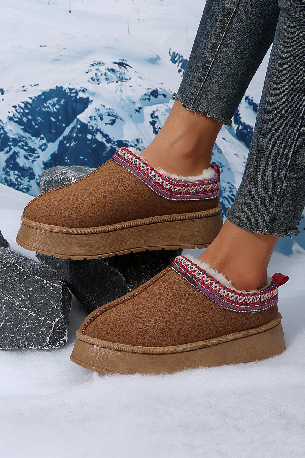 Black Contrast Print Suede Plush Lined Snow Boots