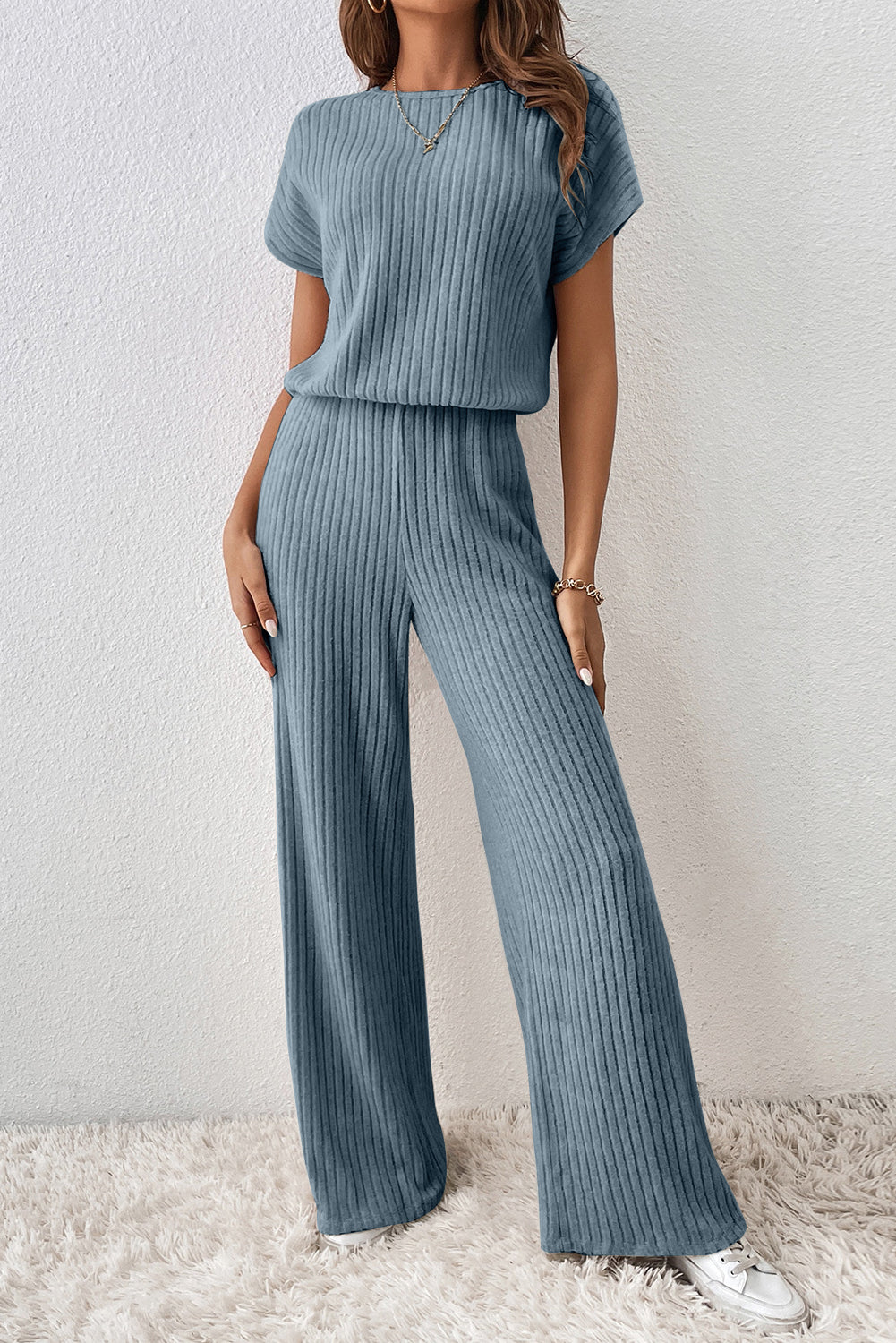 Black Ribbed Keyhole Short Sleeve Wide Leg Jumpsuit
