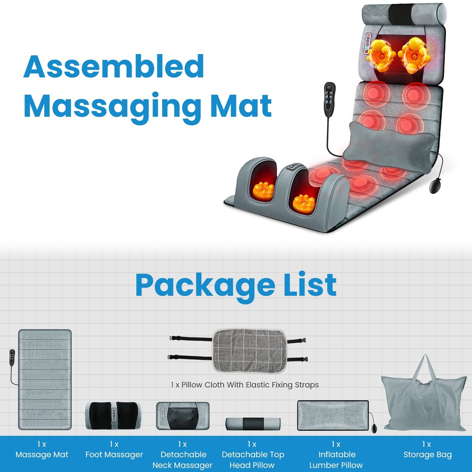 1Set Full Body Electric Massage Mat Heating Vibration Massage Pad Cushion Back Massage Mattress Chair Pad With Neck Foot Massage Head Pillow And Cloth Lumbar Pillow Timer Anti-Slip Bottom