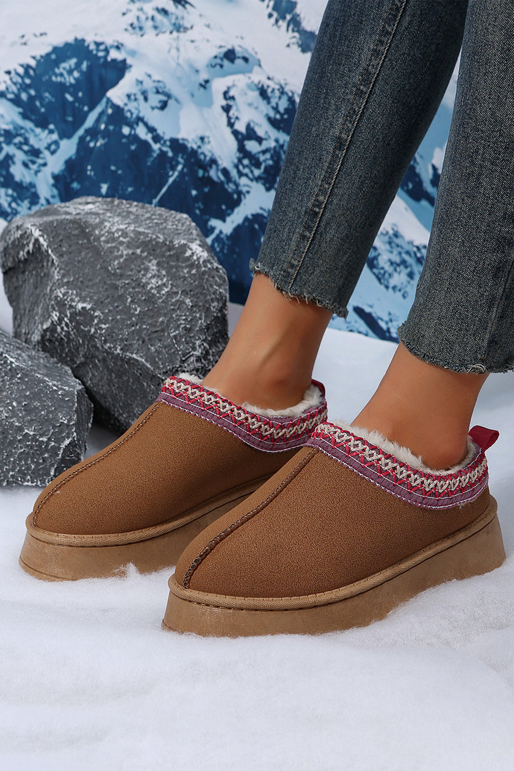 Black Contrast Print Suede Plush Lined Snow Boots